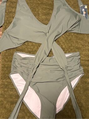 bloom Light Pink Bikini Top with Sage Trim